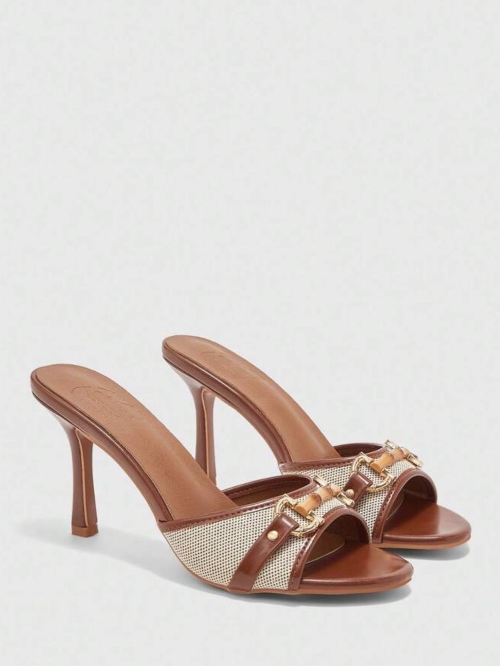 Brown Leather Open-Toe Mule Heels with Gold Chain Detail